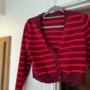 Olivaceous Red and Burgundy Striped Cardigan
